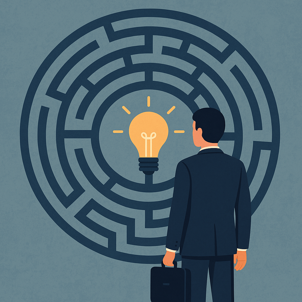 The Hidden Cost of Playing Small: Overcoming Fear in Business 2 Professional facing a maze with a glowing lightbulb, representing clarity hidden behind fear and hesitation.