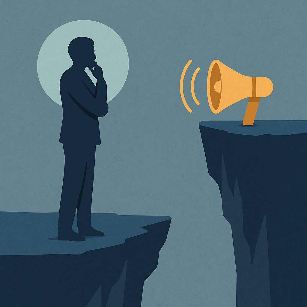 The Hidden Cost of Playing Small: Overcoming Fear in Business 3 Businessman on one cliff facing a megaphone on another, symbolizing the communication gap fear creates.