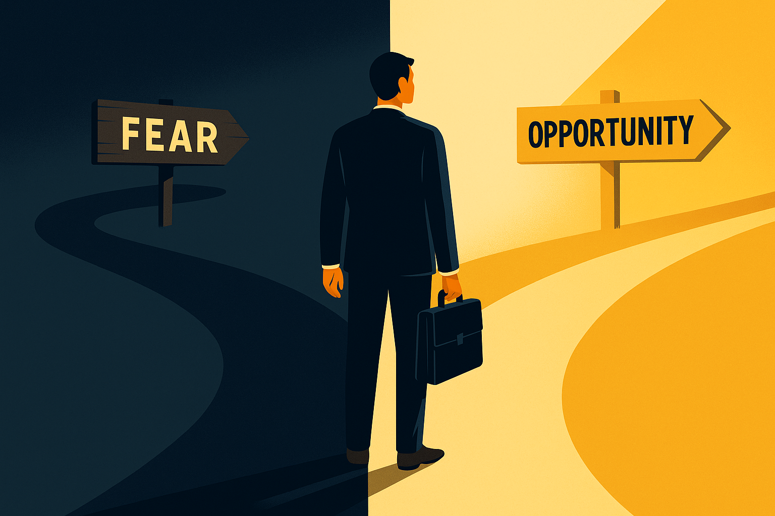 The Hidden Cost of Playing Small: Overcoming Fear in Business 1 Businessman at a crossroads choosing between fear and opportunity, symbolizing critical decisions in business.