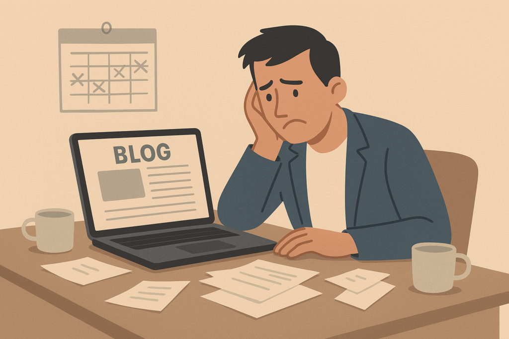 How to Keep Your Blog Fresh, Boost Your SEO, and Never Lift a Finger (While Your Competitors Fall Behind) 1 Frustrated business owner staring at outdated blog screen