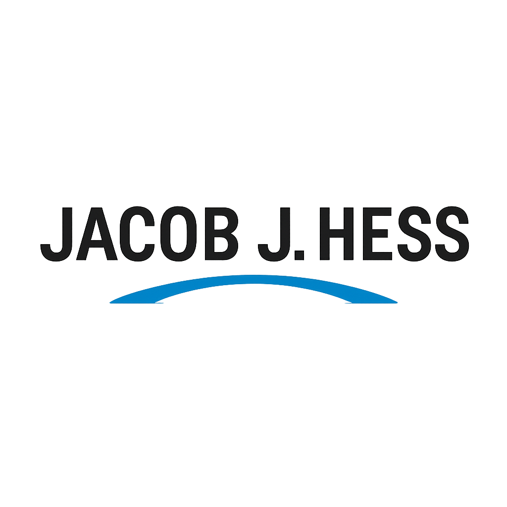 Jacob J. Hess logo with bold text and a blue bridge arc underline.